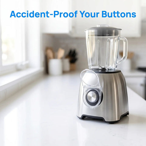 Industrial Power Button Cover With Adhesive Panel Mount on blender, reducing accidental starts, transparent guard open.