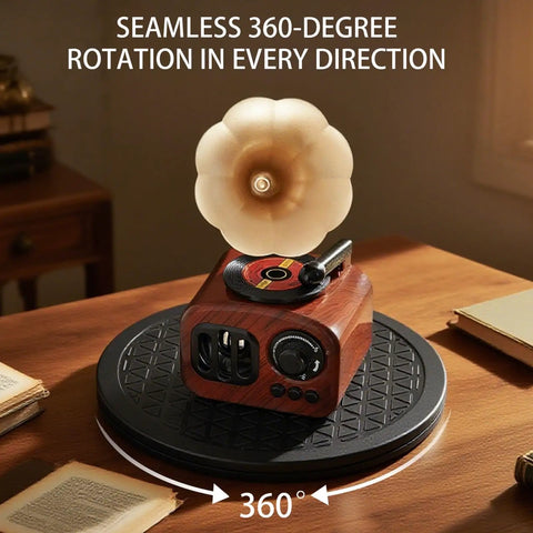 Heavy Duty 8 Inch Lazy Susan Turntable With Rock Solid Build And Smooth 360 Degree Silent Swivel Base Straight Up Hassle Free Setup For Pantry Organization Monitor Display And Tv Stand Black on wooden table.