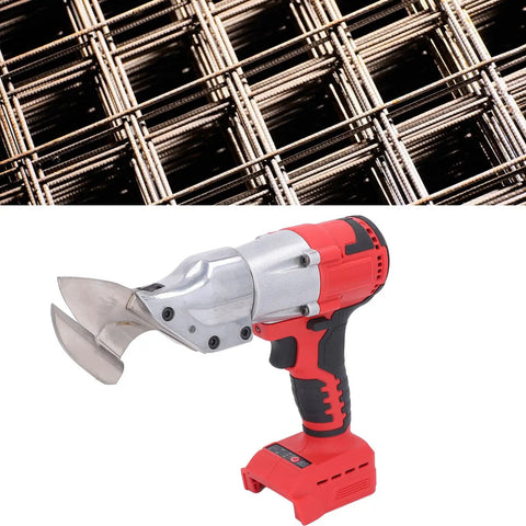 Rock Solid 18v Cordless Metal Shears With Brushless Motor cutting through steel mesh, showcasing usability for heavy-duty tasks.