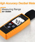 Handheld Decibel Meter With Backlight Alarm And Large LCD Display, Measures 30 To 130 dBA, on a white background