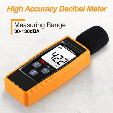Handheld Decibel Meter With Backlight Alarm And Large LCD Display, Measures 30 To 130 dBA, on a white background