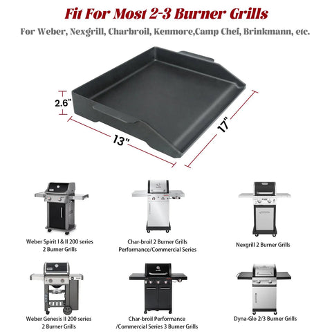 17 By 13 Inch Cast Iron Griddle For Gas Grills And Stovetops with dimensions displayed, suitable for various 2-3 burner grills