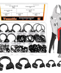 56 Pieces Nylon Hose Clamps Set In 5 Sizes Double Snap Grip Heavy Duty Ratcheting Clamps with Snap Fastener Tool displayed