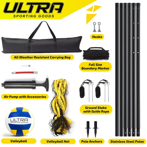 All-Purpose Volleyball Net Set For Backyard, Beach Or Indoor Play With 32x3 Foot Regulation Net, 8.5-Inch PU Volleyball, Steel Poles