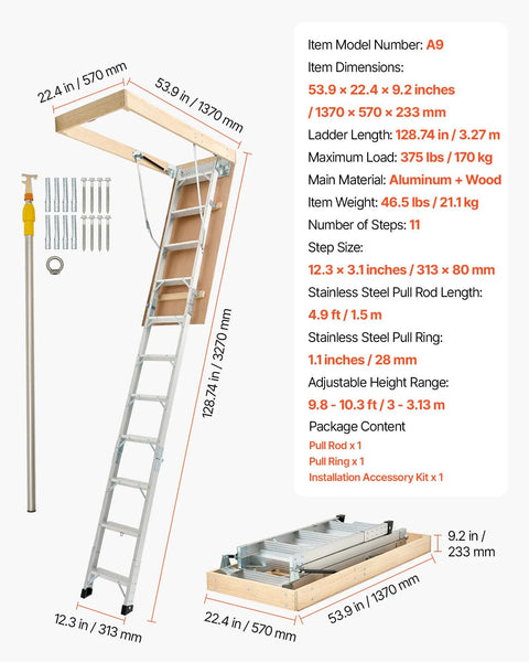 Aluminum Attic Ladder Foldable With Adjustable Heights For 7.66 To 10.3 Foot Ceilings, 54 By 22.5 Inch Opening, 375 Lb Load Capacity, Lightweight Portable Stairs For Super Handy Easy Home Access And Storage, shown with dimensions