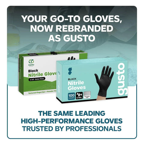 Solid Black Nitrile Gloves One Hundred Count Large Heavy Duty Powder Free Latex Free Badass Utility Gear For Kitchen Hacks Tool Repair And Tattoo Work To Handle Any Daily Grind Smooth And Quick, two boxes of nitrile gloves on display.