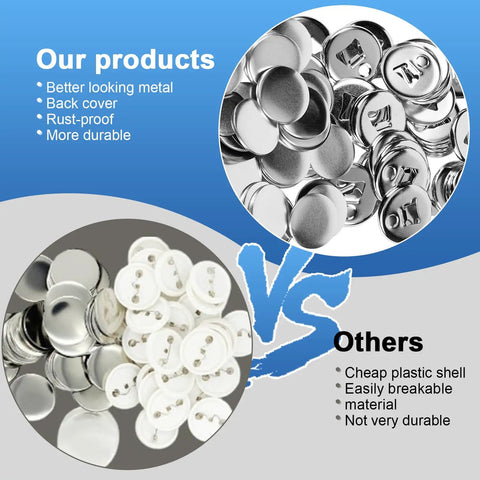 Comparison of 50 Sets 2.25 Inch Bottle Opener Button Badges With Magnetic Backing showing quality differences
