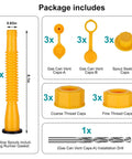 Package contents of Replacement Gas Spout Kit For Easy Pouring And Leak Prevention, includes yellow spouts, caps, and drill.