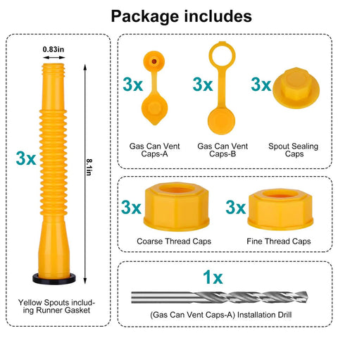Package contents of Replacement Gas Spout Kit For Easy Pouring And Leak Prevention, includes yellow spouts, caps, and drill.