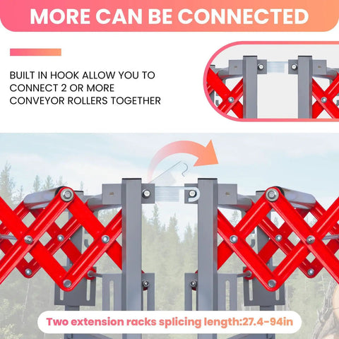 Heavy Duty Expandable Conveyor Roller With 600 Lbs Capacity And Portable Flexible Folding Design Plus Locking Swivel Casters showing built-in hooks to connect rollers.