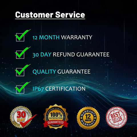 Customer service benefits for Longer 66.9 Inch Universal Fuse Bypass Switch Kit, including warranty and certification icons.
