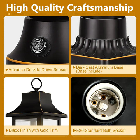 Close-up of Dusk to Dawn Outdoor Post Light 19.29 Inch Matte Black Lamp Post With features like dusk sensor and gold trim.