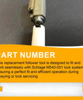 Plug Follower Replacement Tool For Rekey Kit M540051 shown with cylinder for lock servicing on black background.