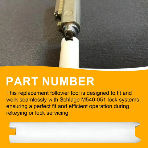 Plug Follower Replacement Tool For Rekey Kit M540051 shown with cylinder for lock servicing on black background.
