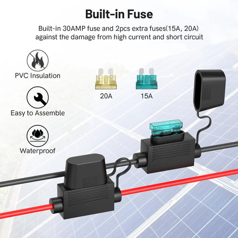 45A Cable With O Ring Terminal For Standard Port Connectors, dual fuse holder with fuses, next to solar panels
