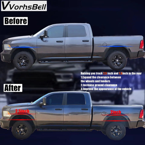 Side view of Ram 1500 4WD before and after installing 2.5 Inch Front Strut Spacers and 1.5 Inch Rear Lift Spacer Kit