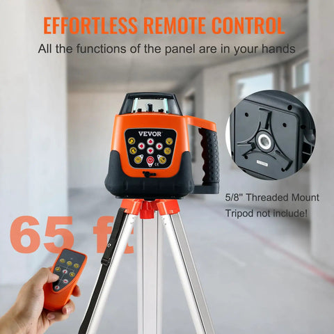 Red Rotary Laser Level Kit Pro Grade With 360 Degree Self Leveling 1650ft Range Surveying Tripod And 5m Staff IP66 Waterproof Remote 5 Rotation Speeds 4 Angle Adjustments Ships In Three Packages with remote and 5/8in threaded mount