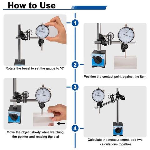 Front view of a dial indicator with magnetic base on a metal stand, four-step how-to-use diagram.