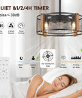 Farmhouse Caged Ceiling Fan With Lights And Remote Control, 17 Inch Low Profile Rustic Wood Color, shown in bedroom setting
