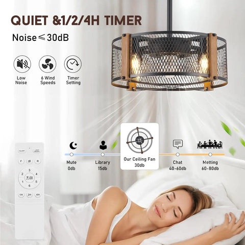 Farmhouse Caged Ceiling Fan With Lights And Remote Control, 17 Inch Low Profile Rustic Wood Color, shown in bedroom setting