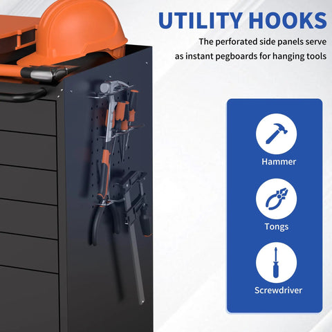 Utility hooks on Epic 30 Inch Tool Storage Cabinet with Lockable Rolling Casters and Full Extension Slides holding various tools.