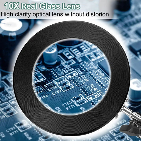 10X Magnifying Glass with Light and Stand, Real Glass Lens Desk Lamp with Clamp magnifying circuit board in detail