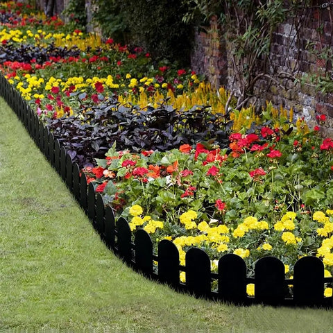 5.5 Inch Tall Garden Edging Border Kit With 20 Feet Of Flexible Plastic Border For Lawns Yards And Flower Beds Tools Free Install With 30 Anchoring Spikes Black shown outlining colorful flower bed