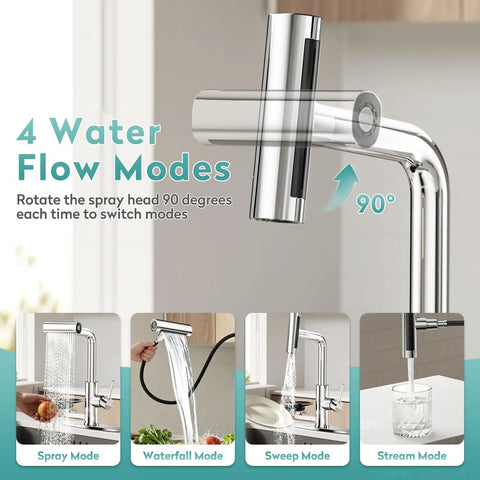 MIAOHUI Chrome Kitchen Faucet with Glass Rinser, 4 Modes showcasing four spray modes, sleek chrome finish and 90-degree head rotation.