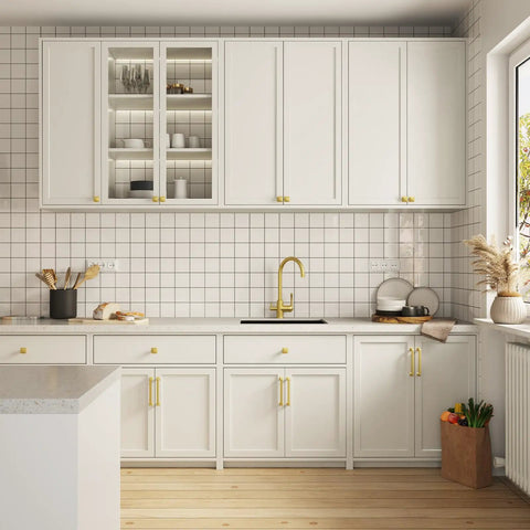 Modern kitchen with 30 Pack 5 1/16 Inch Gold Cabinet Handles, Solid Zinc Alloy Heavy Duty Cabinet Pulls, Brass Kitchen Hardware, white cabinets