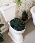 Round Intricate Dragonfly Green Foliage Purple Flowers Toilet Seat on a white toilet in a stylish bathroom setting.