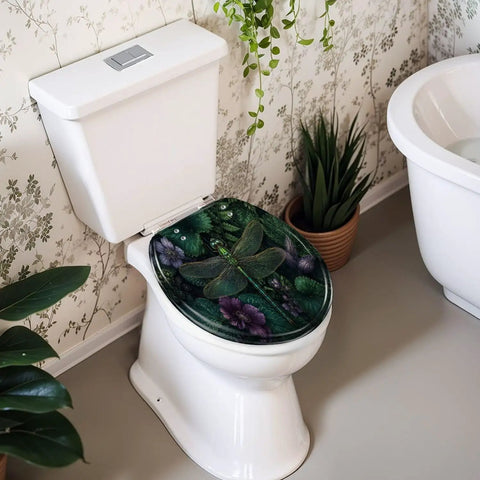 Round Intricate Dragonfly Green Foliage Purple Flowers Toilet Seat on a white toilet in a stylish bathroom setting.