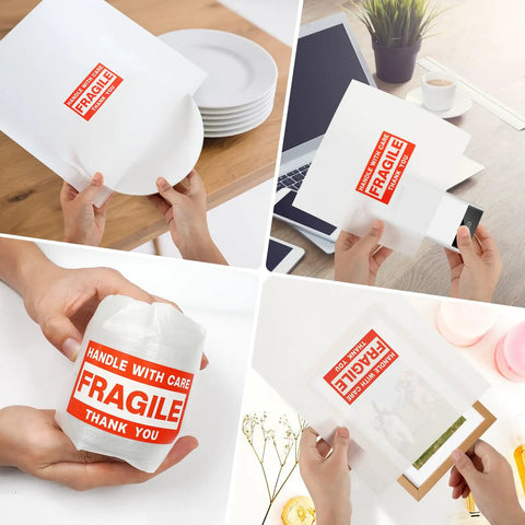 Moving Day Dish Packing Kit with 560 Foam Pouches and 80 Foam Board Sheets being used for fragile items with Fragile stickers.