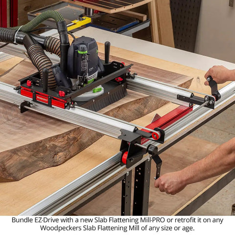 Slab Flattening Mill Pro Extended With EZ Drive Router Sled leveling a large wooden slab with integrated dust capture in a workshop.