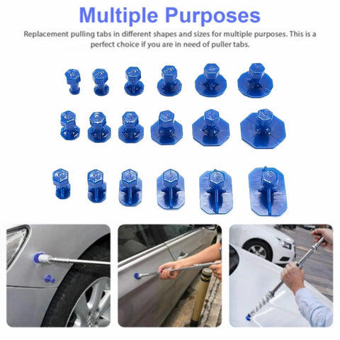 Auto Dent Repair Puller Kit with 18 removal tabs and gaskets for quick fixes on SUVs and sports cars, multiple blue tabs shown