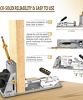 Pocket Hole Jig Kit For Precision Woodworking With Detachable Vacuum Adapter Pro Grade Metal Pocket Screw System Titanium Drill Bits Three Pack At Three Eighths Inch Ultra Sharp And Durable Fits Wood Thickness From One Half Inch To Three And One Eighth, showing woodworking tool in use with wood panel.