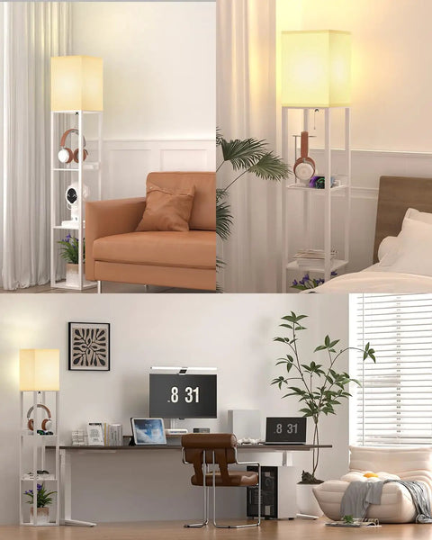 Solid Wood Shelf Floor Lamp With 2 Charging Ports And 1 Power Outlet, Sturdy Beech Wood Shelves for Bedroom or Living Room, White Finish