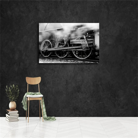 Vintage Black And White Train Steam Locomotive Wall Art With Running Gear Wheel Canvas For Living Room And Bedroom Decor