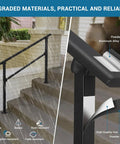 Heavy Duty Six Step Outdoor Stair Railing Kit Built Damn Tough With Galvanized Supports For Rock Solid Grip On Concrete Or Wood Steps Designed For Dead Simple DIY Install, black weather-resistant rail with aluminum and iron details.