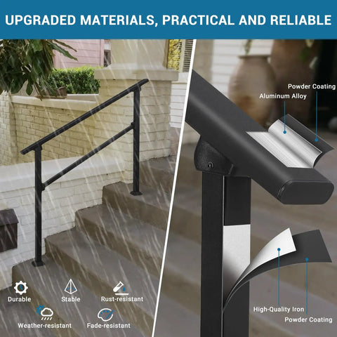 Heavy Duty Six Step Outdoor Stair Railing Kit Built Damn Tough With Galvanized Supports For Rock Solid Grip On Concrete Or Wood Steps Designed For Dead Simple DIY Install, black weather-resistant rail with aluminum and iron details.