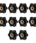 Top Shelf 10 Pack M8 Knurled Clamping Nuts With Slick Black Star Thumb Grips For Dead Simple Machinery Maintenance And Knockout Reliable Latch Adjustments, black plastic with copper insert.