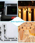 100 Pack Adhesive Cable Clips Clear for Cables Up To 5mm, shown organizing wires for car, Christmas lights, and indoor use.