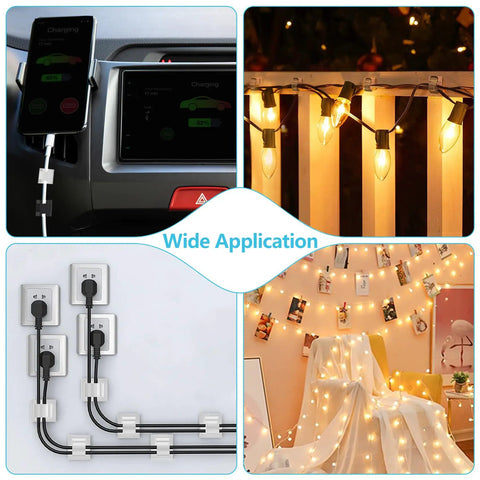 100 Pack Adhesive Cable Clips Clear for Cables Up To 5mm, shown organizing wires for car, Christmas lights, and indoor use.