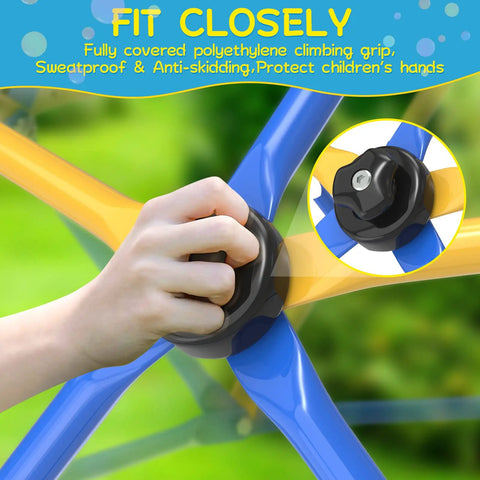 Close-up of hand holding durable climbing grip on 6 Ft Geometric Dome Climber For Kids Indoor Outdoor Play Set With Durable Climbing Grips