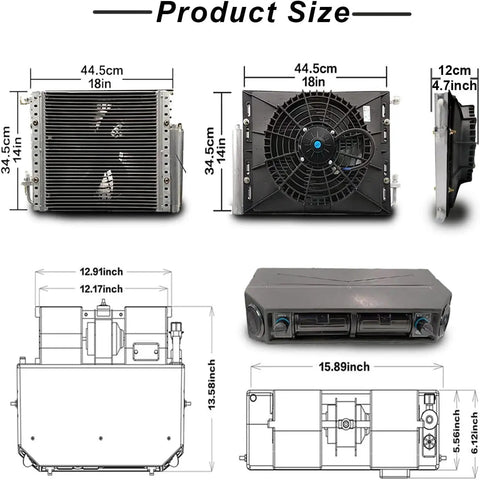 Universal 12V Under Dash Air Conditioner With Snappy Chill And Cozy Heat 10000 BTU size dimensions showing cooling unit specs.