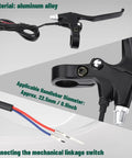 Durable Aluminum Alloy E Bike Brake Levers Set For 22.5mm Handlebars with cables and switch connector, close-up view.