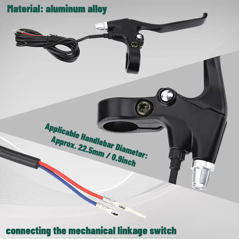 Durable Aluminum Alloy E Bike Brake Levers Set For 22.5mm Handlebars with cables and switch connector, close-up view.