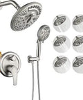 15 Function Shower System With Valve And Trim, featuring a brushed nickel rain shower and handheld showerhead with 15 total functions.