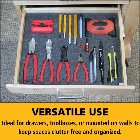Kaizen Foam Sheet For Tool Organizers And Storage, Pro Grade Customizable Inserts To Create Snug Tool Fits And Prevent Scratches in a drawer with tools neatly arranged.