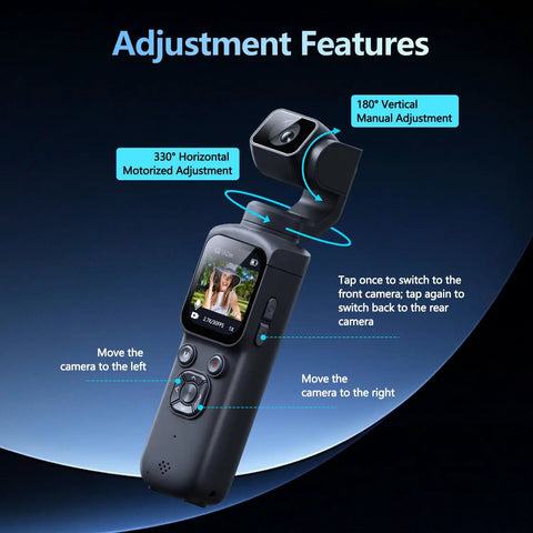 4K Vlogging Camera With 330 Degree Rotating Lens And Face Tracking For YouTube And TikTok, adjustment features displayed