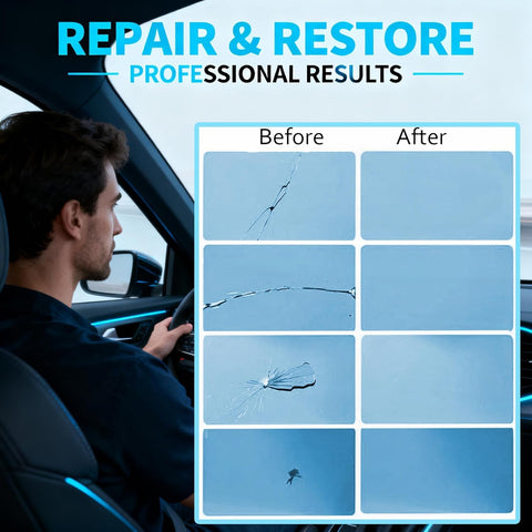 Before and after using Windshield Chip Repair Kit For Cars, Quick DIY Glass Crack Fix With Two Pack Auto Glass Repair Set.